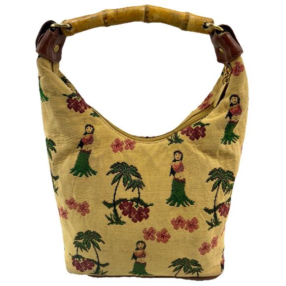 Sunny Hawaii Hula Girl Tapestry Bamboo Handle Shoulder Bag Brown Leather 12x9 - Picture 5 of 16